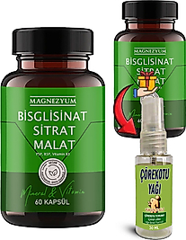 MAGNEZYUM: 2 ADET BİSGLİSİNAT  MAGNEZYUM SİTRAT MAGNEZYUM MALAT & VİTAMİN B2 B3 B6  VE MİNERAL KAPSÜLLERİ 60LI 2 ADET + 30 ML ÇÖREK OTU MASAJ YAĞI
