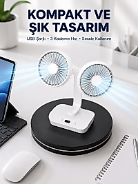 720° Döner Çift Taraflı Masaüstü Vantilatör – USB Şarjlı Sessiz Fan