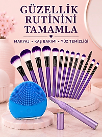 Kadın Güzellik Seti 12’li Mor Makyaj Fırçası Kaş Düzeltici ve Silikon Yüz Temizleme Cihazı Cilt Bakım Seti