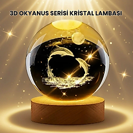 Lazer İşlemeli Yunus Kristal Küre Sıcak Işıklı Ahşap Standlı