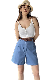 Rahat Kesim Kemerli Mom Şort-AÇIK MAVİ