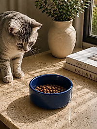 Kase Model Beton Kedi Köpek Mama ve Su Kabı (15cm çap × 5cm) - Lacivert