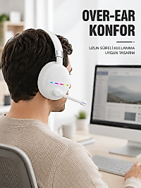 Beyaz Bluetooth 5.0 Mikrofonlu Kablosuz Kulak Üstü Kulaklık RGB Işıklı Type-C Şarjlı