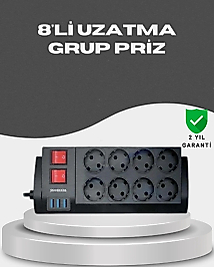 Akım Korumalı 8’li Priz 3 USB’li Uzatma Kablosu Isıya Dayanıklı 2 Metre