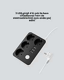 3 USB Çıkışlı 4’lü Akıllı Priz 2500W 2 Metre Kablo