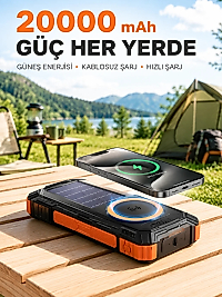 20000 mAh Powerbank Güneş Enerjili Kablosuz Şarj Hızlı Şarj Taşınabilir Batarya