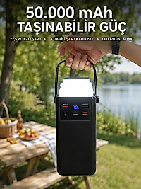 LED Aydınlatmalı Powerbank 50.000 mAh 22,5 W Hızlı Şarj 4 Dahili Kablolu Dijital Pil Göstergeli Batarya