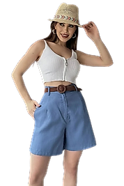 Rahat Kesim Kemerli Mom Şort-AÇIK MAVİ