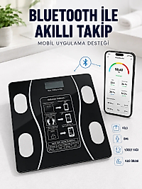 Akıllı Cam Baskül Bluetooth Mobil Uygulamalı Vücut Analiz Tartısı 180 Kg LCD Ekran