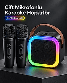 Taşıma Askılı Siyah LED Işıklı Bluetooth Hoparlör Çift Mikrofonlu Karaoke Seti