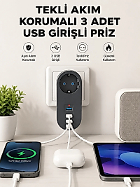 Isıya Dayanıklı 3 USB Portlu Güvenlikli Priz – Akıllı Enerji Yönetimi