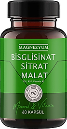 MAGNEZYUM: 1 ADET BİSGLİSİNAT  MAGNEZYUM SİTRAT MAGNEZYUM MALAT & VİTAMİN B2 B3 B6  VE MİNERAL KAPSÜLLERİ 60LI