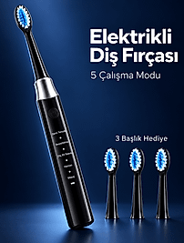 3 Yedek Başlık Hediyeli USB Şarjlı Siyah Elektrikli Diş Fırçası