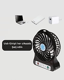 Şarjlı USB Fan – Masaüstü Mini Vantilatör, Taşınabilir, Işıklı, 3 Kademeli, Sessiz