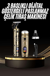 Tıraş Makinesi Pro 3 Başlıklı Dijital Göstergeli Saç Sakal Kulak ve Burun