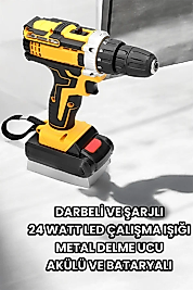 Metal Dişli 24W Akülü Matkap -Çift Bataryalı ve LED Çalışma Işığı ile Tam Set