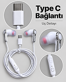 Kumandalı ve Silikon Başlıklı Beyaz Type C Kablolu Kulaklık