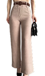 Keten Pantolon Beli Kemerli  - KAHVE