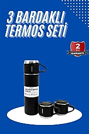Termos Seti 3'lü Bardak Seti Isı Dayanıklı Siyah Paslanmaz Çelik Vakumlu
