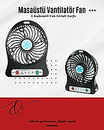 USB Girişli Taşınabilir Masaüstü Mini Fan – 3 Kademeli Hız, Şarjlı, Işıklı, Sessiz Çalışma