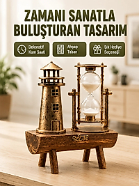 Vintage Kum Saati + Deniz Feneri Modeli – Ahşap Gövdeli Masa Üstü Dekor Yeni Nesil