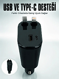 Araç Çakmaklık Şarj Cihazı 120W Type-C & Lightning Kablolu Çoklu Hızlı Şarj İstasyonu