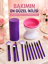 Avantajlı İkili Set 12’li Mor Makyaj Fırçası ve Elektrikli Makyaj Fırçası Yıkama Temizleme Cihazı