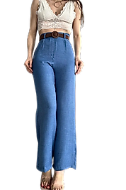 Kemerli Keten Pantolon -MAVİ