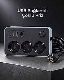 Çalışma Alanlarına Uygun Anahtarlı USB ve Type C Şarj Çıkışlı Kablolu Çoklu Priz