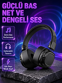 Kablosuz Kulak Üstü Bluetooth Kulaklık Güçlü Bas ve Katlanabilir Tasarım