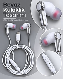 Type C Girişli Mikrofonlu Beyaz Kablolu Kulak İçi Kulaklık