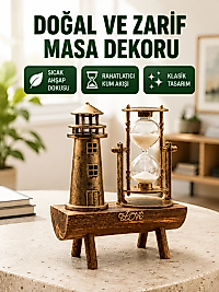 Ahşap Gövdeli Deniz Feneri Formlu Kum Saati – 15x20 cm Masa Dekoru Yeni Nesil