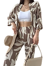 Alt Üst Takım Kimono- Desenli-Kahverengi