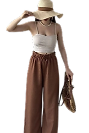 Yüksek Bel Beli Büzgülü Pantolon -KAHVERENGİ