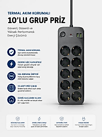 Termal Akım Korumalı USB Type-C Girişli 10'lu Grup Priz 2500W Güç Kapasitesi (Kopya)