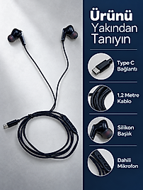 Dahili Mikrofonlu Type C Kablolu Kulaklık Siyah Gövde