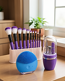 3'lü Günlük Bakım Seti 12'li Mor Makyaj Fırçası Silikon Yüz Temizleme Cihazı ve