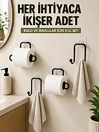 Yapışkanlı Banyo Düzenleme Seti 2 Rulo Tutucu 2 Havlu Askılığı 4 Parça