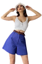 Rahat Kalıp Kemerli Mom Şort - MAVİ