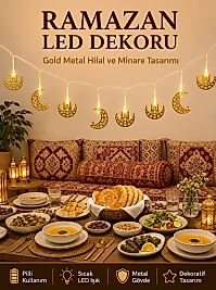Minareli Hilal LED Işık Gold Metal Gövdeli Pilli Ramazan Dekoru
