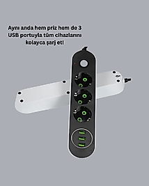 USB Yuvalı Anahtarlı Üçlü Priz 2 Metre Kablolu UCZZZCXE103