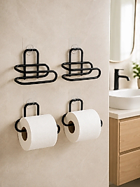 Duvara Yapışkanlı WC Kağıtlık Siyah Metal 4 Adet Tuvalet Kağıdı Rulo Askısı