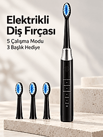 Hassas ve Masaj Modlu Siyah Elektrikli Diş Fırçası USB Şarjlı 3 Başlık Hediyeli