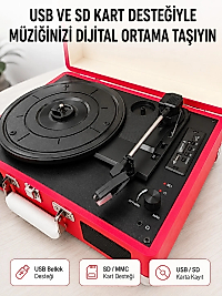 Bluetooth Bağlantılı Portatif Pikap 33 45 78 Devir Dahili Hoparlör ve Şarj Edilebilir Pil
