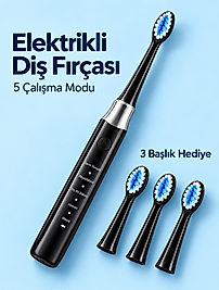 Değiştirilebilir Başlıklı Siyah Elektrikli Diş Fırçası 5 Mod ve 3 Yedek Başlık