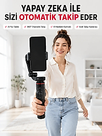 AI Yüz Takip Özellikli Gimbal Selfie Stick 360° Dönebilen Telefon Tutucu Uzayabilir Bluetooth Kumandalı