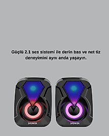 2.1 USB Bağlantılı Oyun Hoparlörü Renkli LED Işıklı