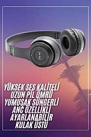 Bluetooth Kablosuz Kulaklık Siyah Wireless 5.0 Kulak Üstü Uzun Pil Ömrü