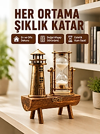 Ahşap Kum Saati ve Deniz Feneri Figürü Bir Arada  Ev Ofis Dekorasyonu Yeni Nesil