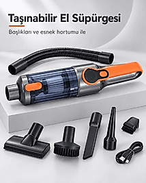 Şeffaf Toz Hazneli Gri Turuncu El Süpürgesi Temizlik Başlıkları ve USB Şarj Kablolu